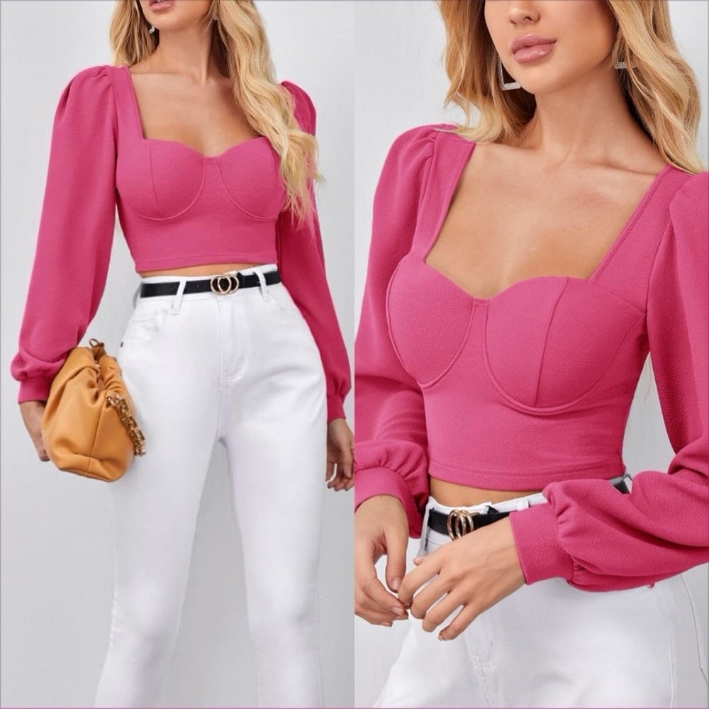 Shein Women's Sweetheart Neck Hot Pink Long Sleeve Bustier Crop Top‎ Sz XS Party